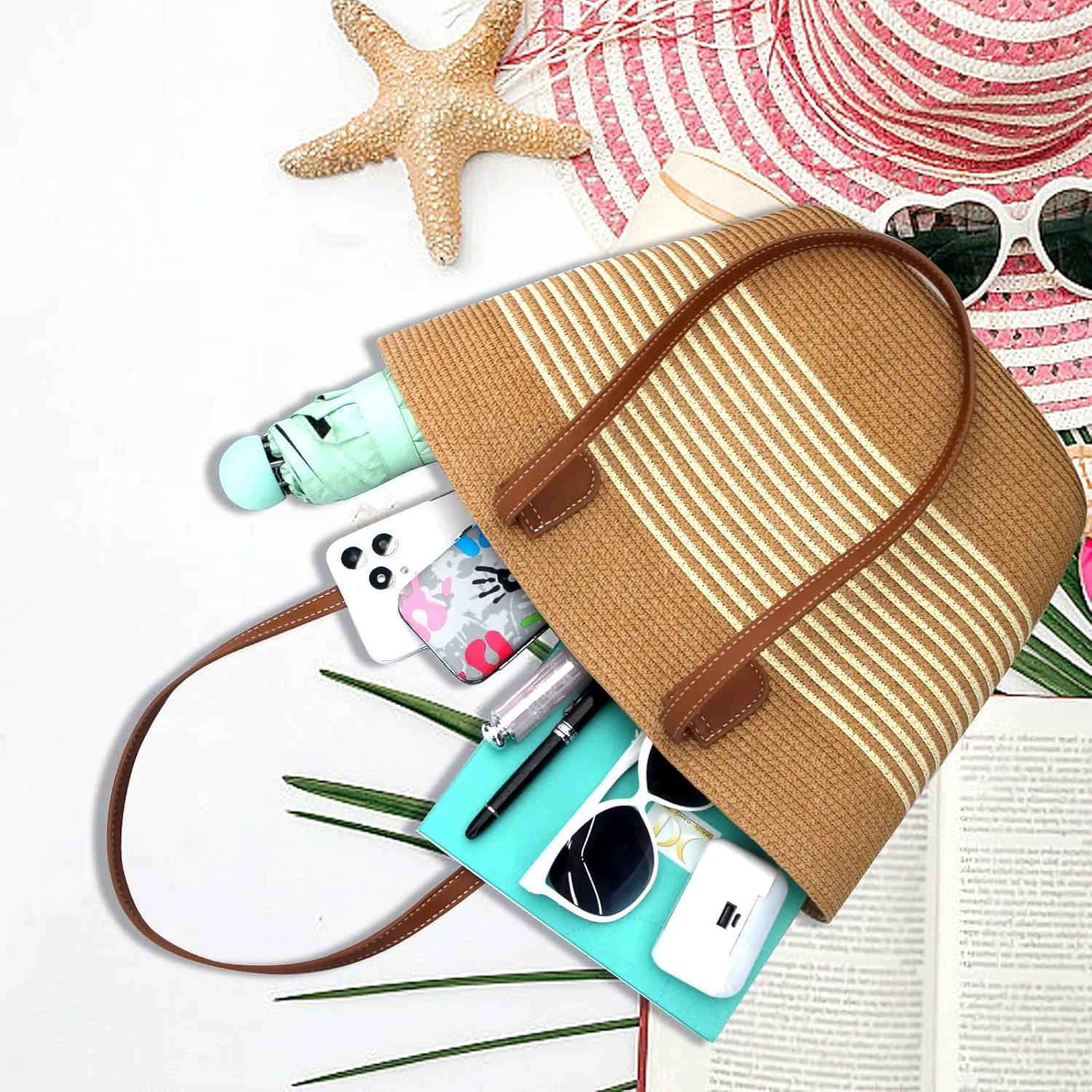 Straw Beach Tote Bag for Women, Large Woven Purse with Zipper for Summer Travel, Beach Vacation Shoulder Bag