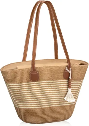 Straw Beach Tote Bag for Women, Large Woven Purse with Zipper for Summer Travel, Beach Vacation Shoulder Bag