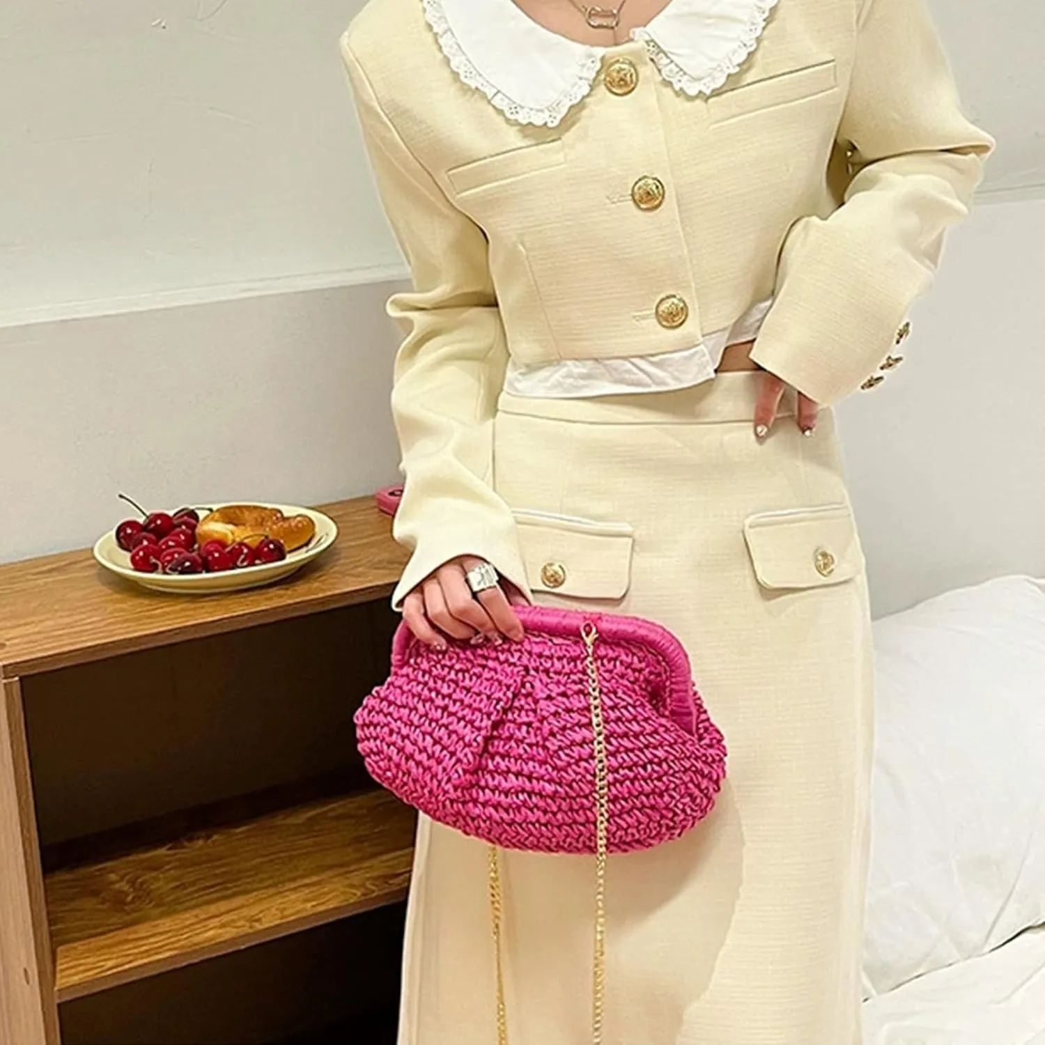 Straw Clutch Purse for Women - Woven Dumpling Bag Casual Beach Straw Summer Handmade Bag Crossbody Purse