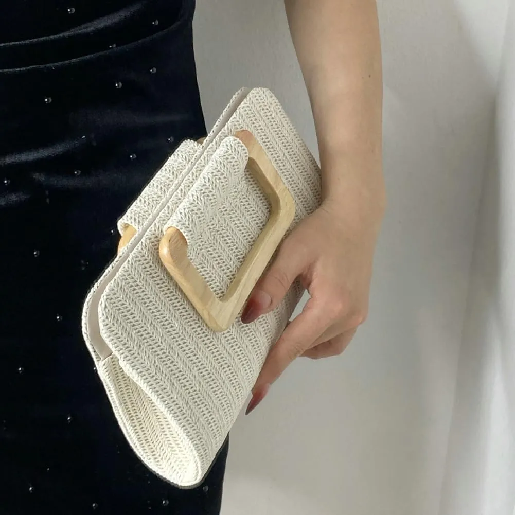 Straw Clutch Purse Simple Square Handheld Handbag Summer Beach Top-Handle Bag Evening Cross-body Bag Party Prom Chain Purse