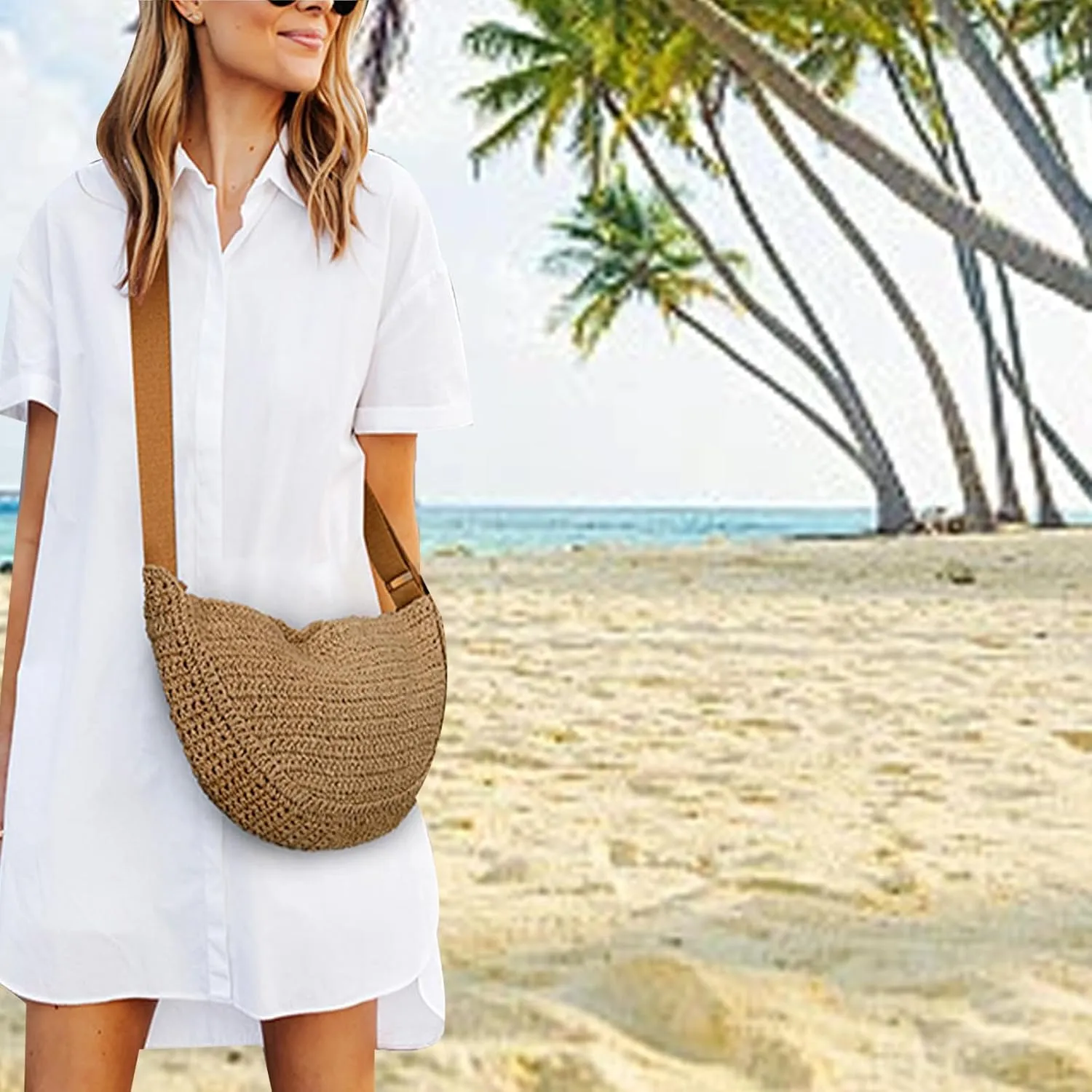 Straw Crossbody Bag Woven Purses for Women 2024 Summer Beach Straw Purse Fashion Handmade Shoulder Bag Crochet Purse