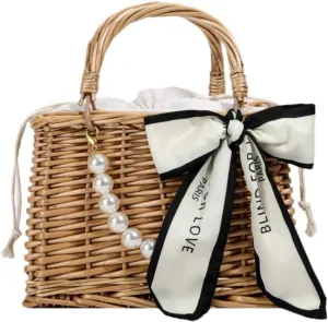 Straw Handbag Woven Tote Bag Women's Pearl Mini Basket Handbag Travel Purse for Wedding Daily Vacation Everyday Use