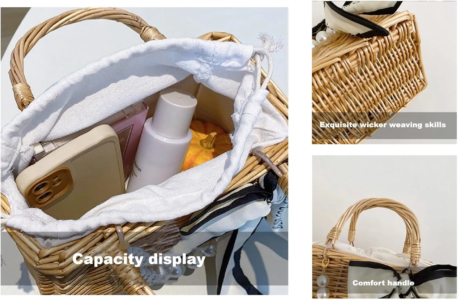 Straw Handbag Woven Tote Bag Women's Pearl Mini Basket Handbag Travel Purse for Wedding Daily Vacation Everyday Use