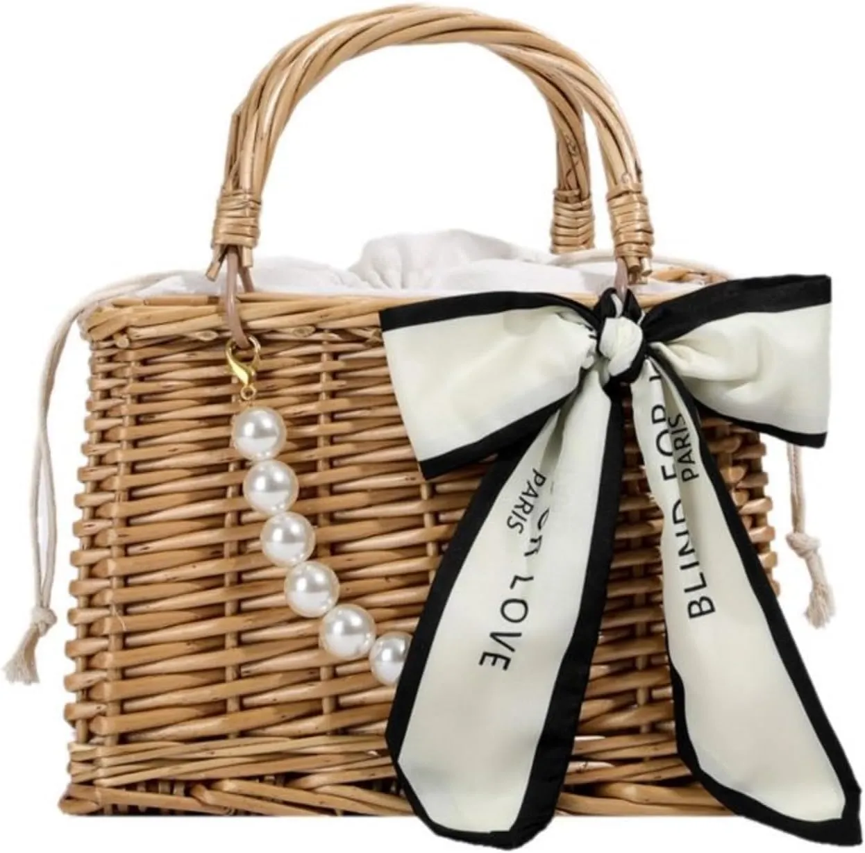 Straw Handbag Woven Tote Bag Women's Pearl Mini Basket Handbag Travel Purse for Wedding Daily Vacation Everyday Use