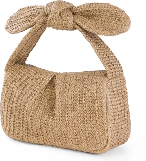 Straw Handbags for Women, Small Hobo Shoulder Bag Bowknot Tote Top Handle Summer Beach Purse for Travel, Holiday, Parties, Khaki