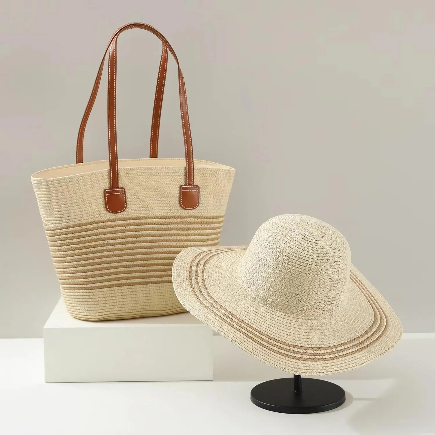 Straw Hat and Beach Bag Set for Women Woven Tote Handbag Wide Brim Sun Hat for Summer Vacation