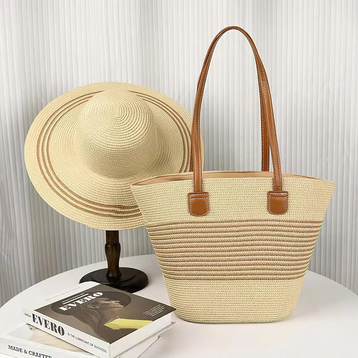 Straw Hat and Beach Bag Set for Women Woven Tote Handbag Wide Brim Sun Hat for Summer Vacation