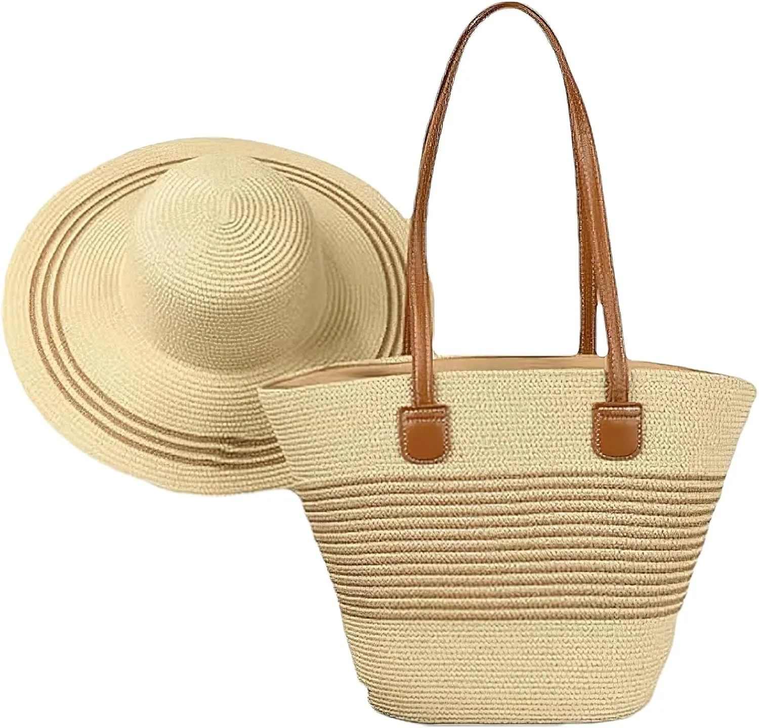 Straw Hat and Beach Bag Set for Women Woven Tote Handbag Wide Brim Sun Hat for Summer Vacation