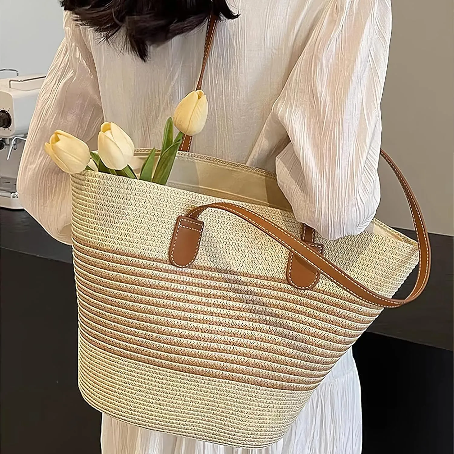 Straw Hat and Beach Bag Set for Women Woven Tote Handbag Wide Brim Sun Hat for Summer Vacation