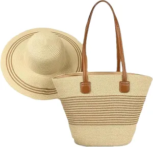 Straw Hat and Beach Bag Set for Women Woven Tote Handbag Wide Brim Sun Hat for Summer Vacation