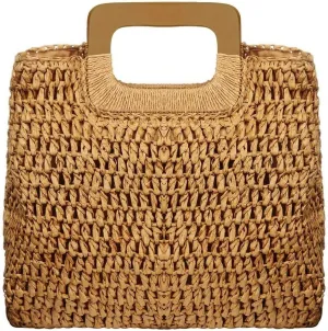 Straw Tote Bag with Wooden Handle Women Hobo Woven Handbag Summer Beach Travel (brown)