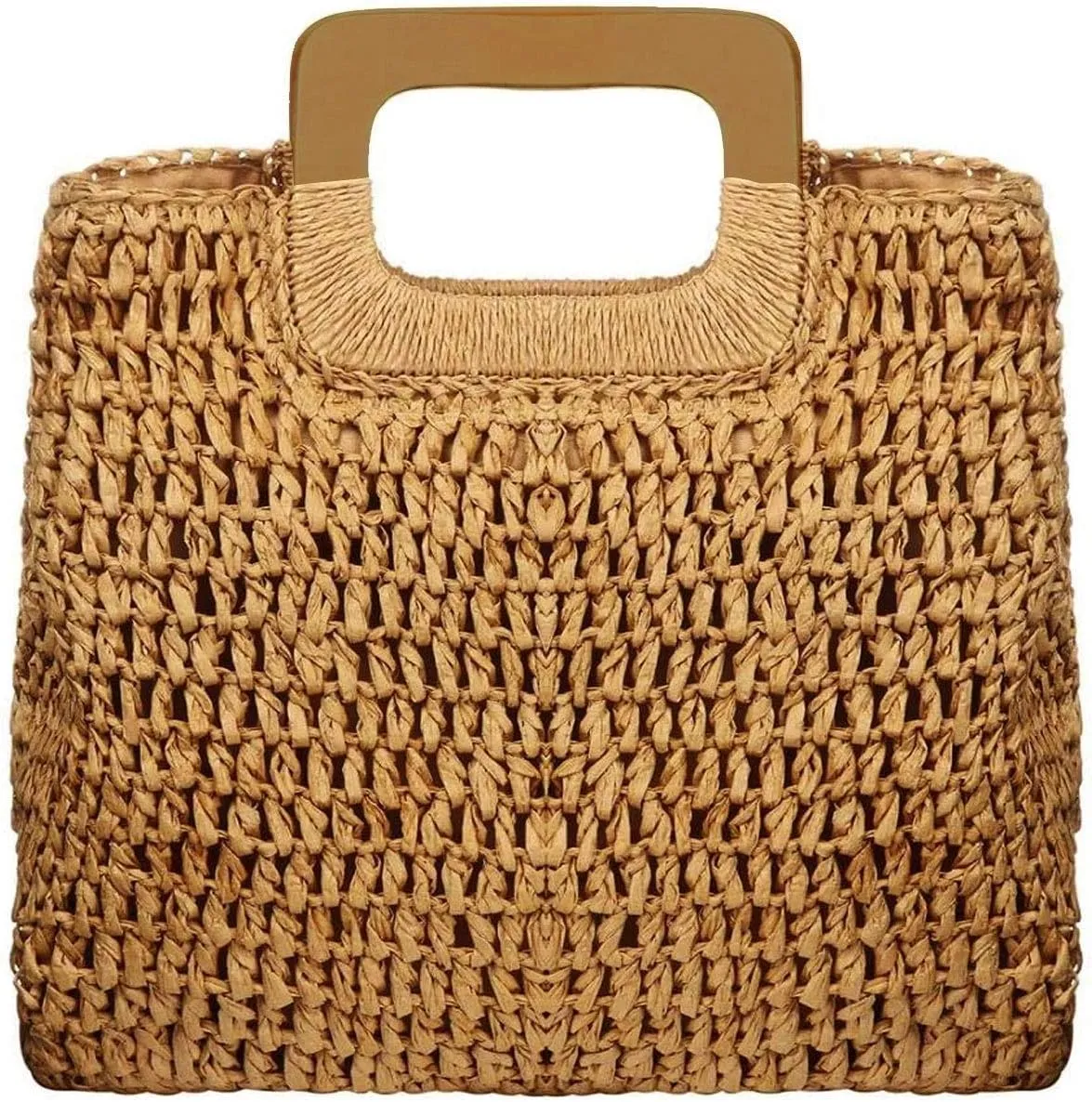 Straw Tote Bag with Wooden Handle Women Hobo Woven Handbag Summer Beach Travel (brown)