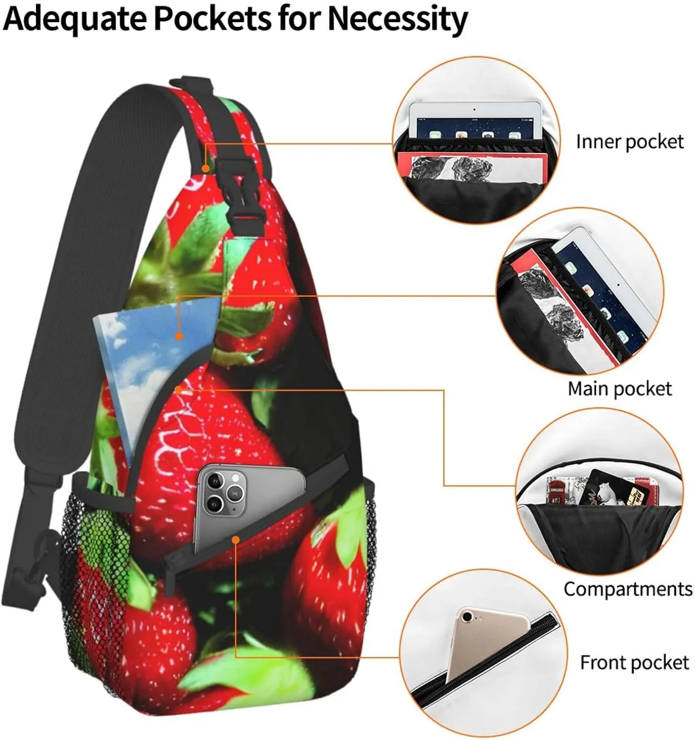 Strawberry Pattern High Storage Capacity Chest Bag Diagonally Sling Backpack Crossbody Shoulder Bag For Men Women
