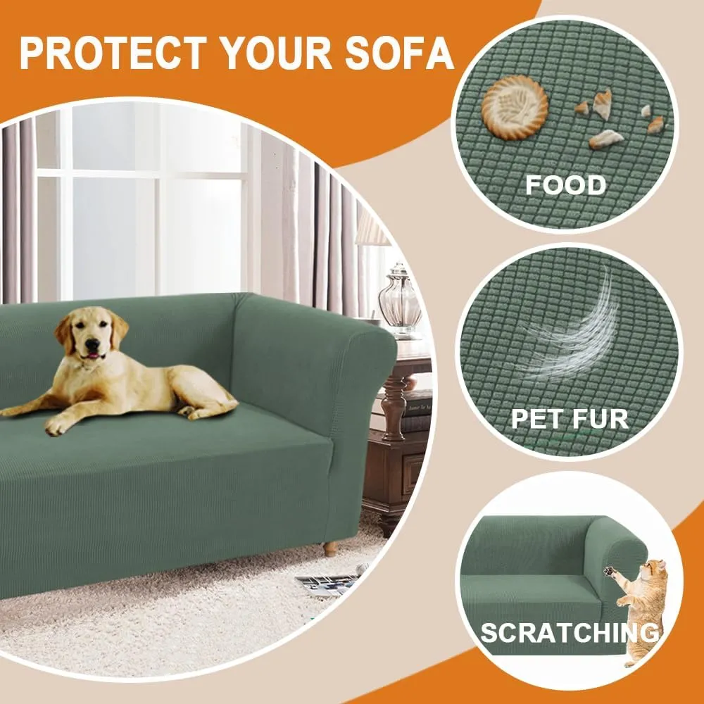 Stretch Chesterfield Sofa Cover - Jacquard Fabric Slipcover for 3-Cushion Couch, Non-Slip Pet-Resistant Furniture Protector, Soft Living Room Sofa Cover (Grass, Sofa)
