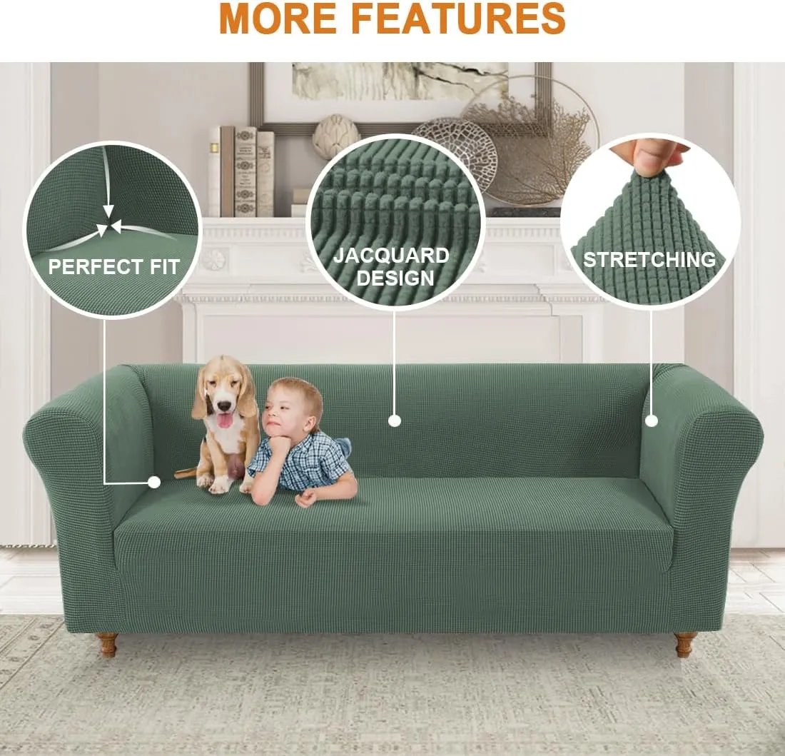 Stretch Chesterfield Sofa Cover - Jacquard Fabric Slipcover for 3-Cushion Couch, Non-Slip Pet-Resistant Furniture Protector, Soft Living Room Sofa Cover (Grass, Sofa)