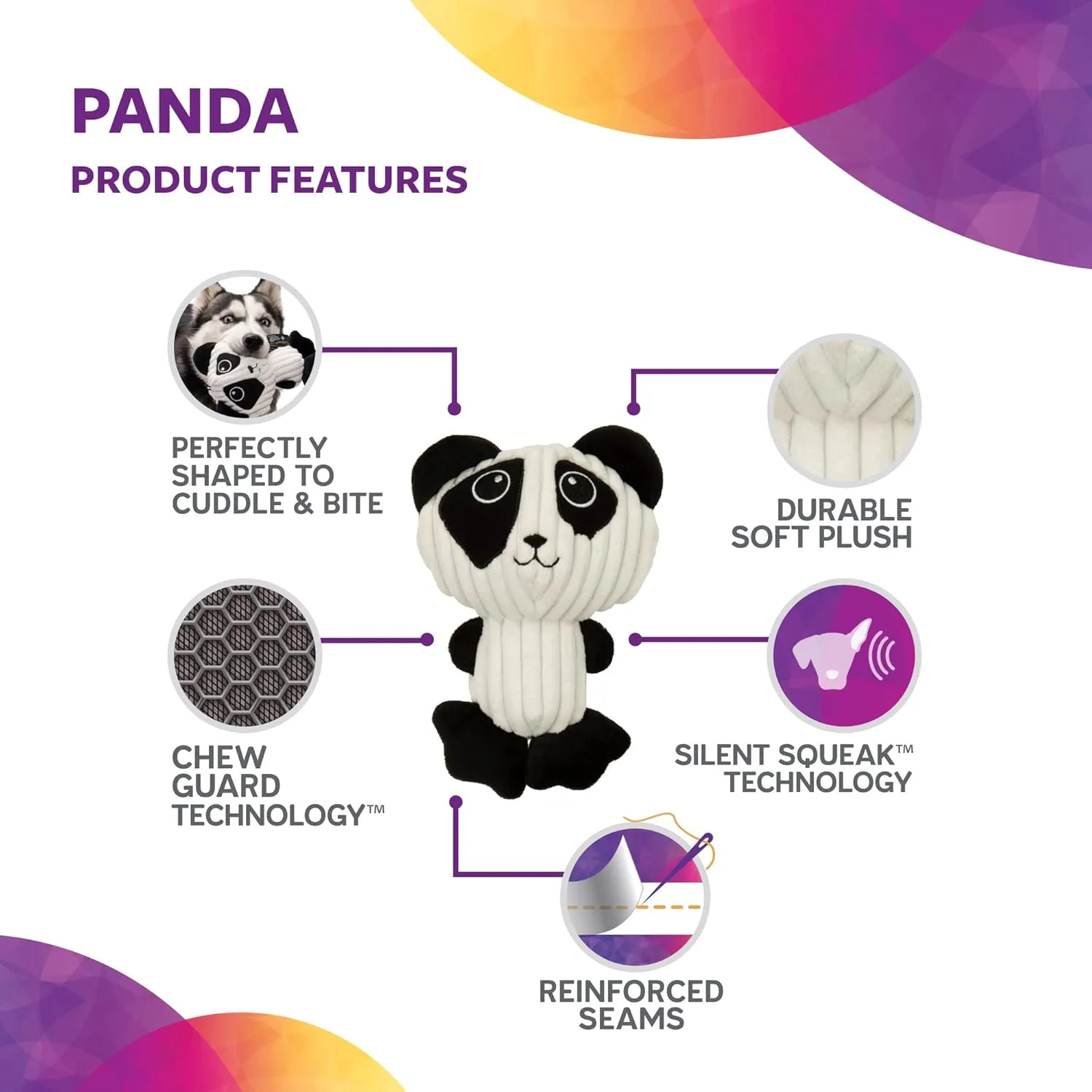 Strong 'N Silent Big Head Panda Silent Squeak Plush Dog Toy, Chew Guard Technology - Black/White, Medium
