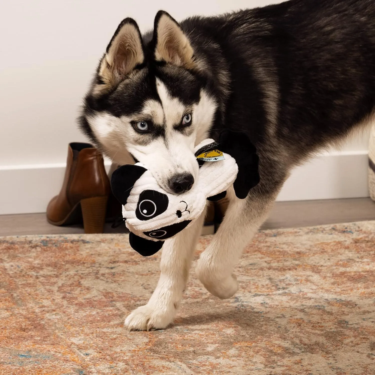 Strong 'N Silent Big Head Panda Silent Squeak Plush Dog Toy, Chew Guard Technology - Black/White, Medium