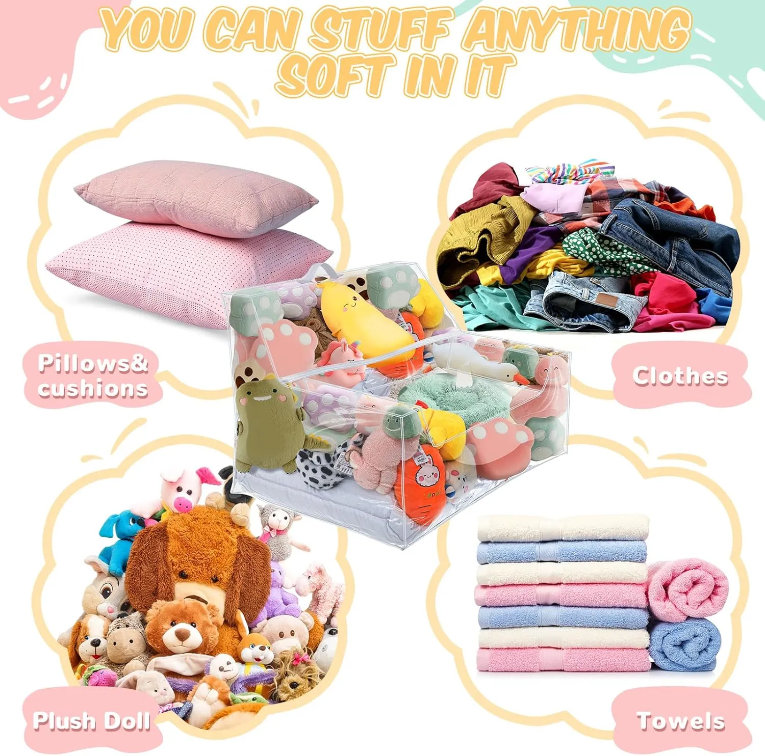 Stuffed Animal Storage Bean Bag Chair Sofa Cover Zipper Large Transparent PVC Stuffed Animal Organizer Bean Bag Seat Only for Organizing Rooms Plush Toys When Filled(38 Inch,Sofa Style)