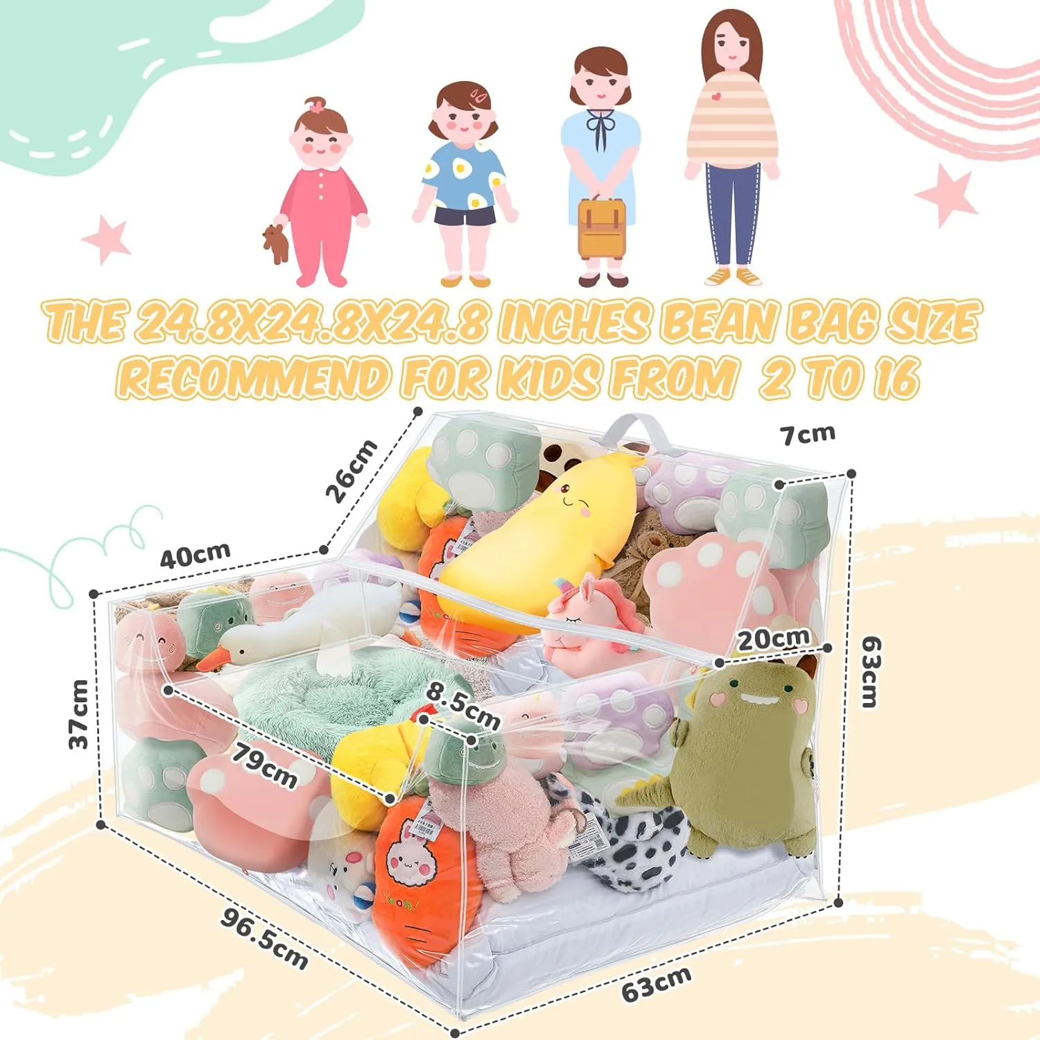 Stuffed Animal Storage Bean Bag Chair Sofa Cover Zipper Large Transparent PVC Stuffed Animal Organizer Bean Bag Seat Only for Organizing Rooms Plush Toys When Filled(38 Inch,Sofa Style)