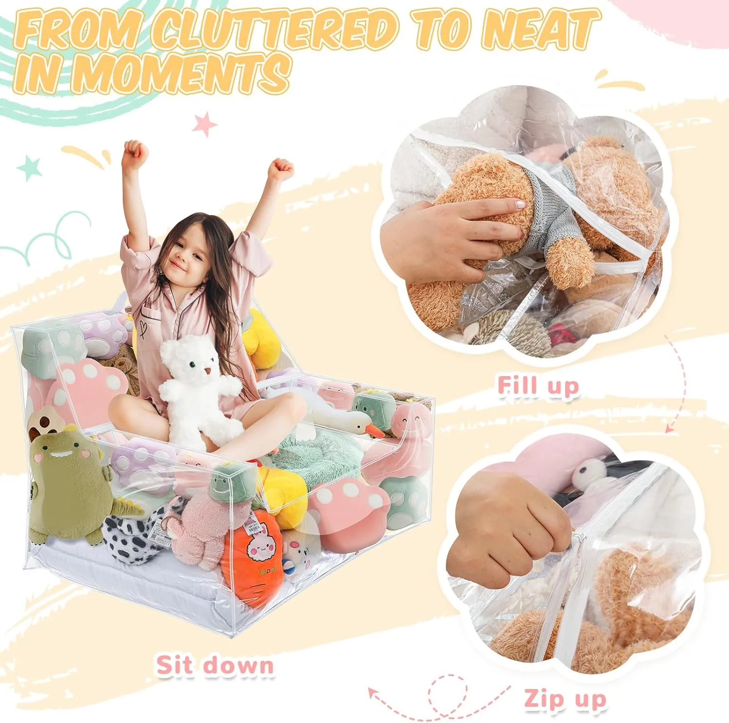 Stuffed Animal Storage Bean Bag Chair Sofa Cover Zipper Large Transparent PVC Stuffed Animal Organizer Bean Bag Seat Only for Organizing Rooms Plush Toys When Filled(38 Inch,Sofa Style)