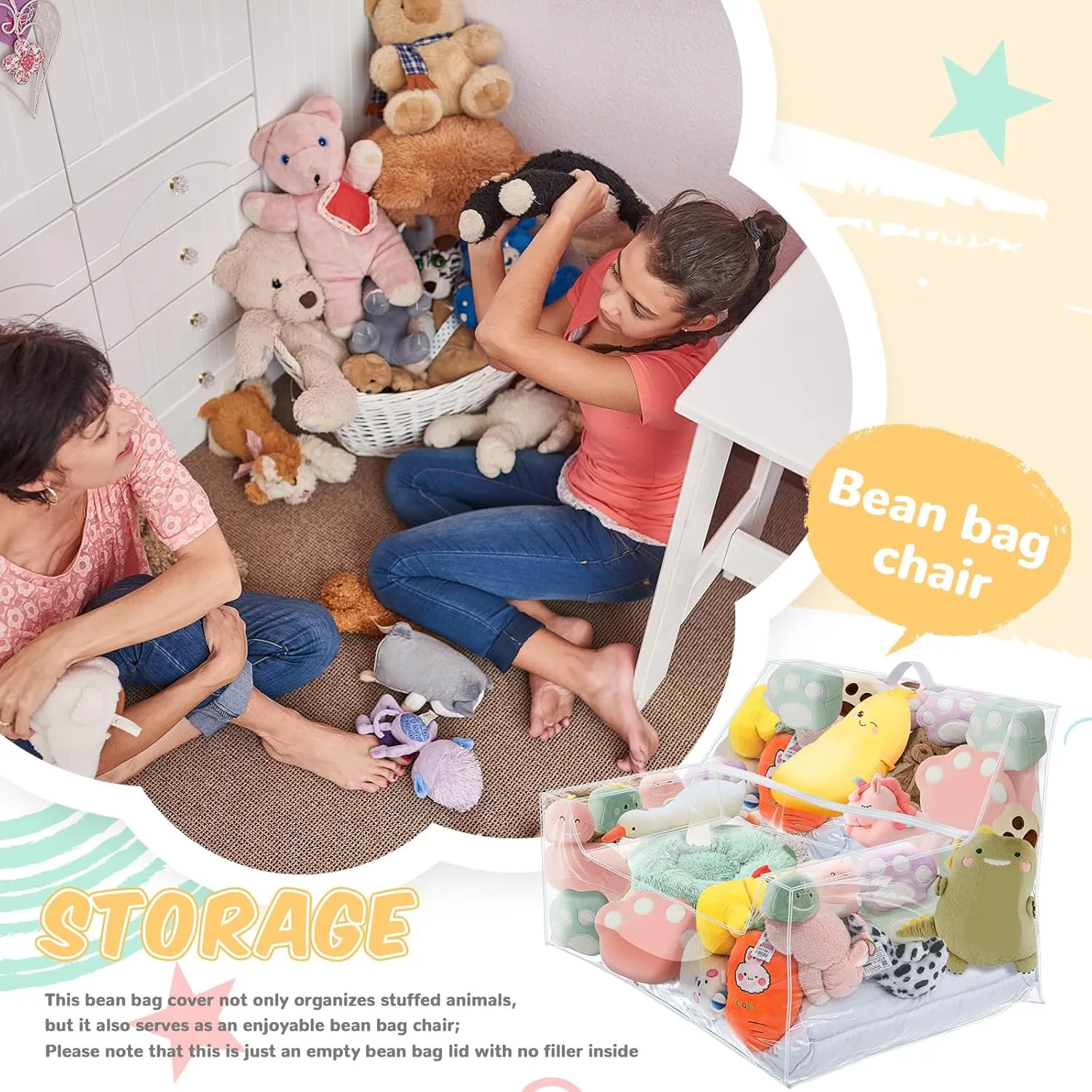 Stuffed Animal Storage Bean Bag Chair Sofa Cover Zipper Large Transparent PVC Stuffed Animal Organizer Bean Bag Seat Only for Organizing Rooms Plush Toys When Filled(38 Inch,Sofa Style)