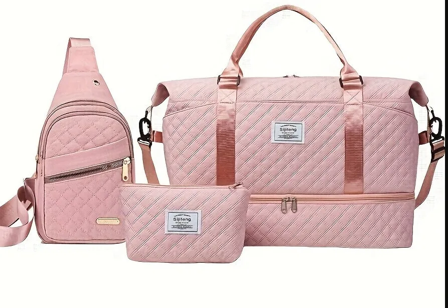 Stylish 3-Piece & Pouch Quilted with Pink Sling - Set Exclusive products Bag Weekender Travel Cosmetic Duffel Shoe Bag Compartment, Wi-Fi-enabled