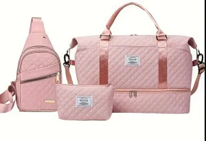 Stylish 3-Piece & Pouch Quilted with Pink Sling - Set Exclusive products Bag Weekender Travel Cosmetic Duffel Shoe Bag Compartment, Wi-Fi-enabled
