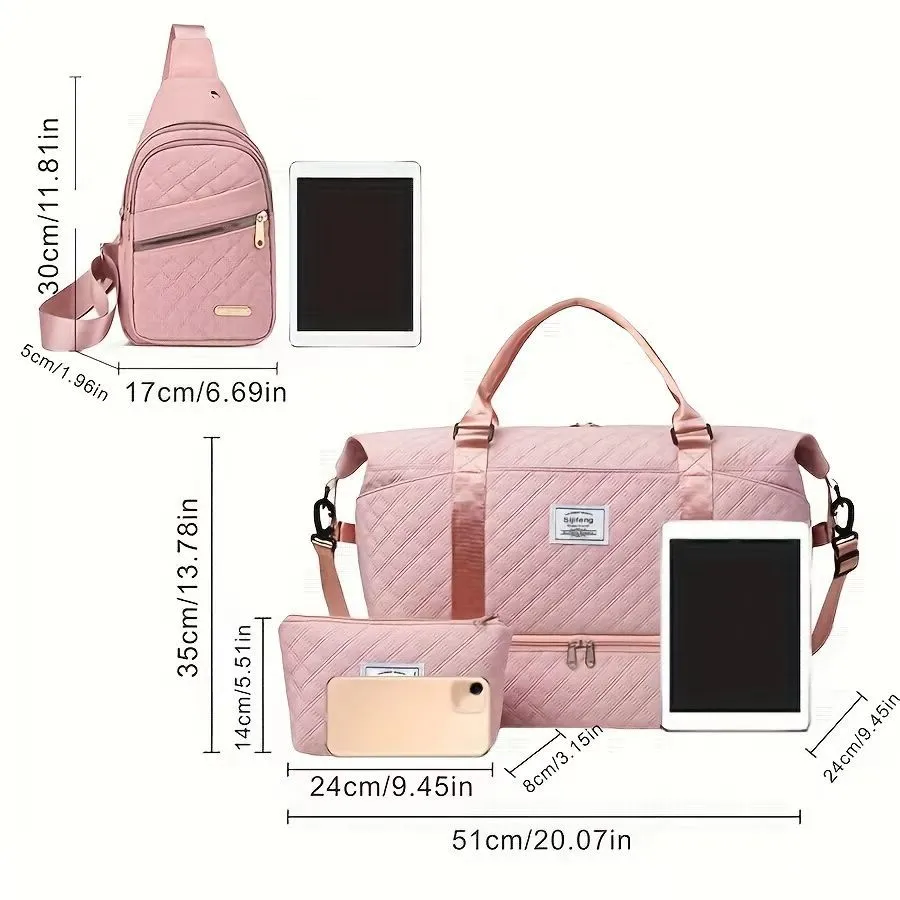 Stylish 3-Piece & Pouch Quilted with Pink Sling - Set Exclusive products Bag Weekender Travel Cosmetic Duffel Shoe Bag Compartment, Wi-Fi-enabled