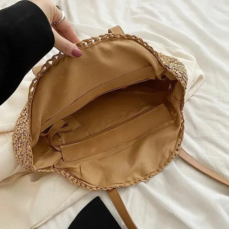 Summer Round Straw Vacation Tote Bag