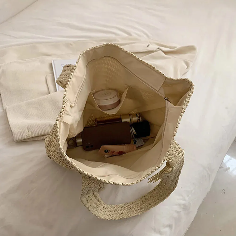 Summer Straw Women Bag Hand-Woven Handbags Handmade Raffia Beach Boho Shoulder Bag Large Tote Bag Tassel Shopping Purses