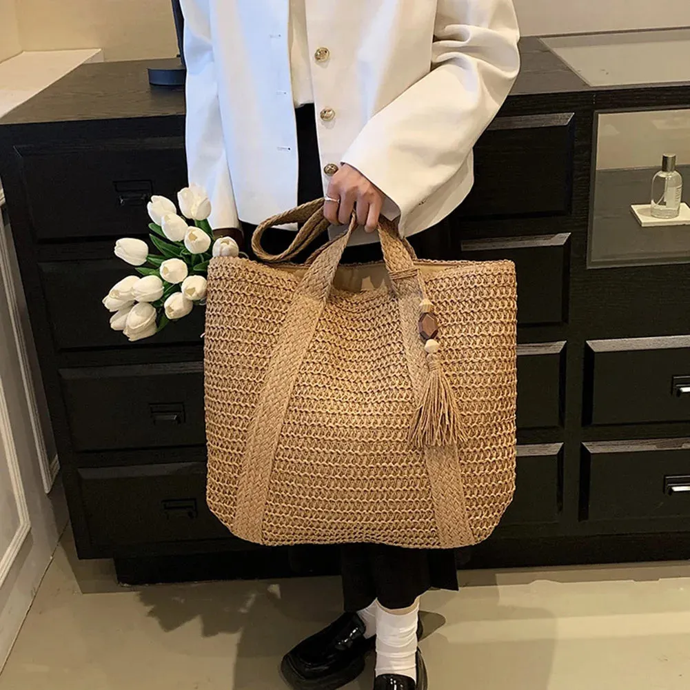 Summer Straw Women Bag Hand-Woven Handbags Handmade Raffia Beach Boho Shoulder Bag Large Tote Bag Tassel Shopping Purses