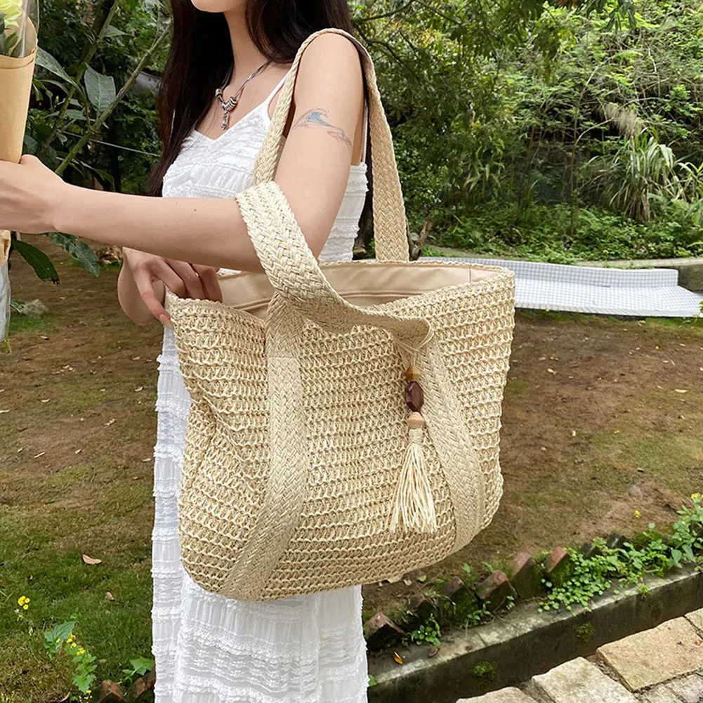 Summer Straw Women Bag Hand-Woven Handbags Handmade Raffia Beach Boho Shoulder Bag Large Tote Bag Tassel Shopping Purses