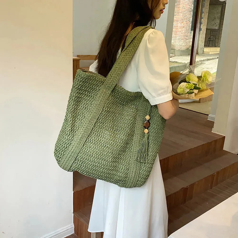 Summer Straw Women Bag Hand-Woven Handbags Handmade Raffia Beach Boho Shoulder Bag Large Tote Bag Tassel Shopping Purses
