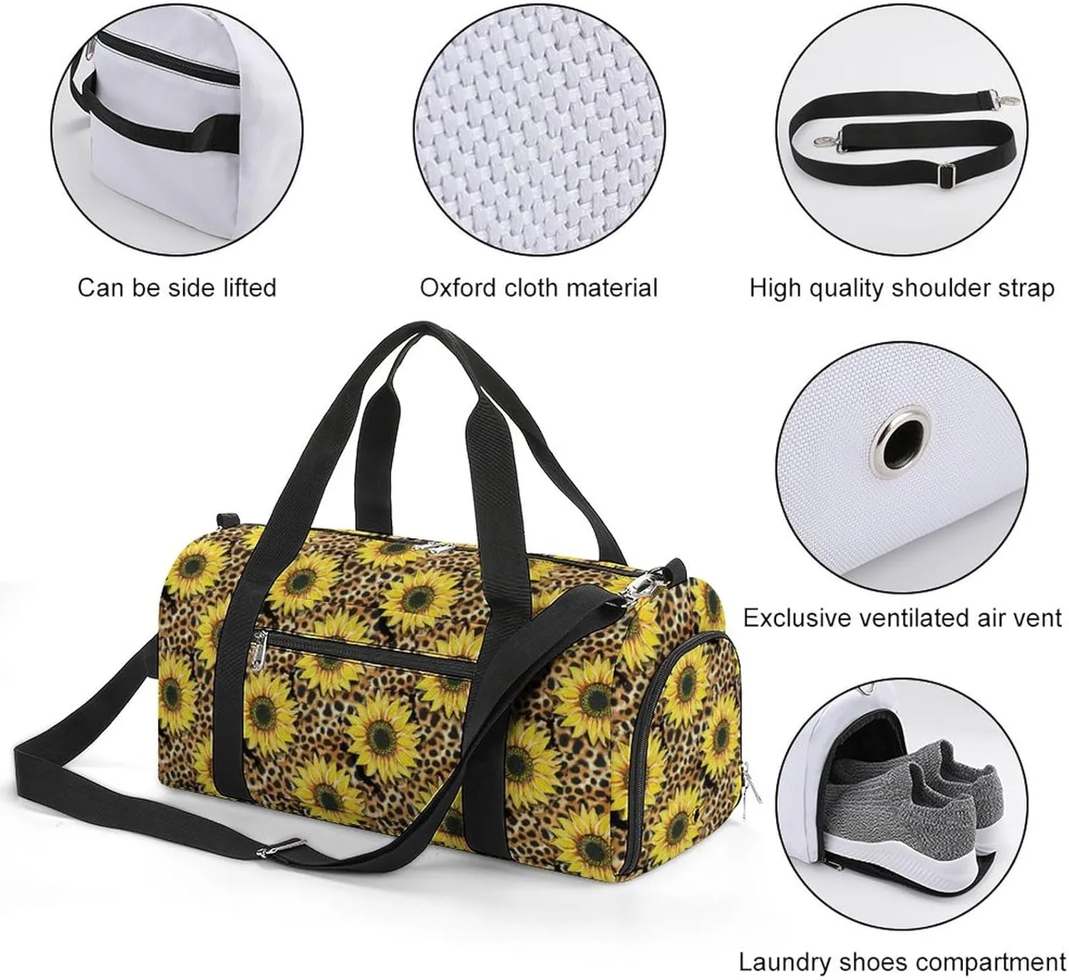 Sunflowers-leopard-pattern Sports Tote Gym Bag for Women Men, Overnight Bag with Shoe Compartment Water Resistant