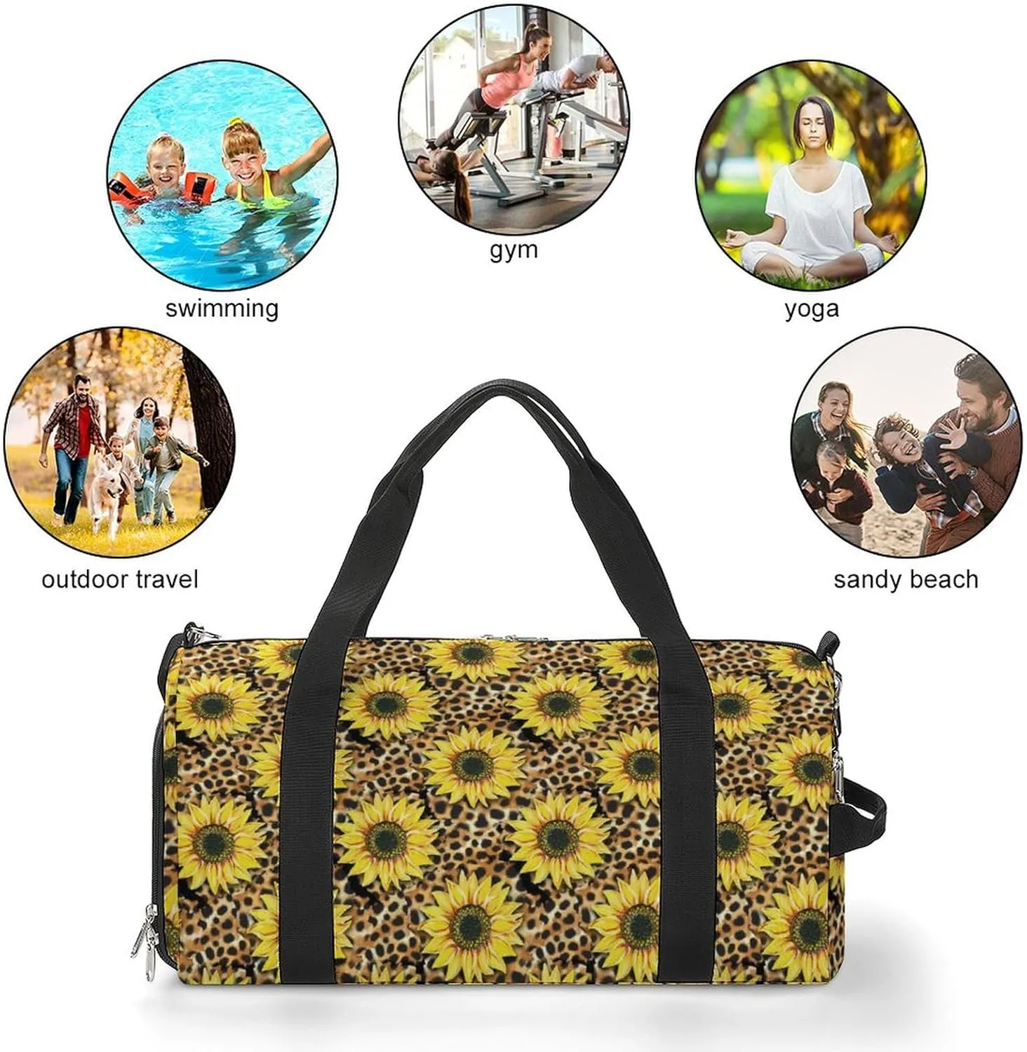 Sunflowers-leopard-pattern Sports Tote Gym Bag for Women Men, Overnight Bag with Shoe Compartment Water Resistant