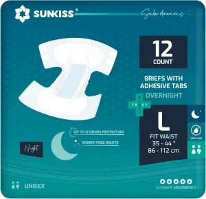 SUNKISS TrustPlus Overnight Adult Diapers with Tabs, Unisex Disposable Incontinence Briefs for Men and Women, Odor Control, Large, 12 Count