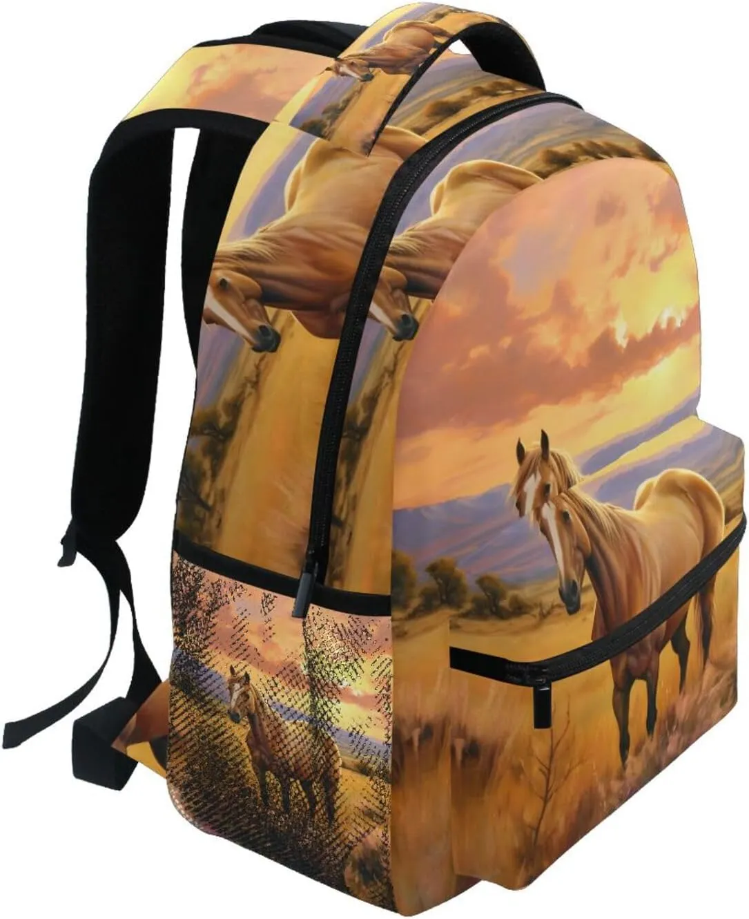Sunset Grassland Horse Backpack Daypack Shoulder Bag Book Bag Lightweight Back Pack 11.4 ×16 In