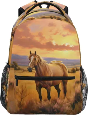 Sunset Grassland Horse Backpack Daypack Shoulder Bag Book Bag Lightweight Back Pack 11.4 ×16 In