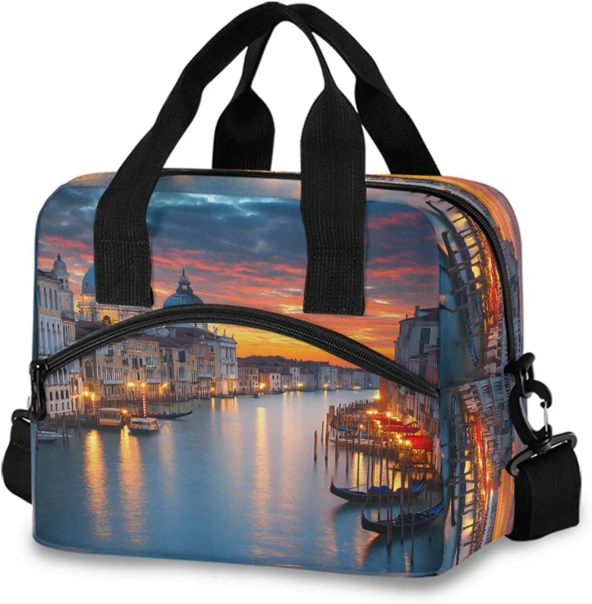 Sunset Waterway Boat House Lunch Box for Men Women Adults Insulated Lunch Bag Cooler Bag with Adjustable Shoulder Strap for Work Picnic Travel