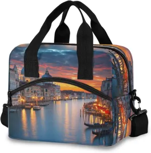 Sunset Waterway Boat House Lunch Box for Men Women Adults Insulated Lunch Bag Cooler Bag with Adjustable Shoulder Strap for Work Picnic Travel