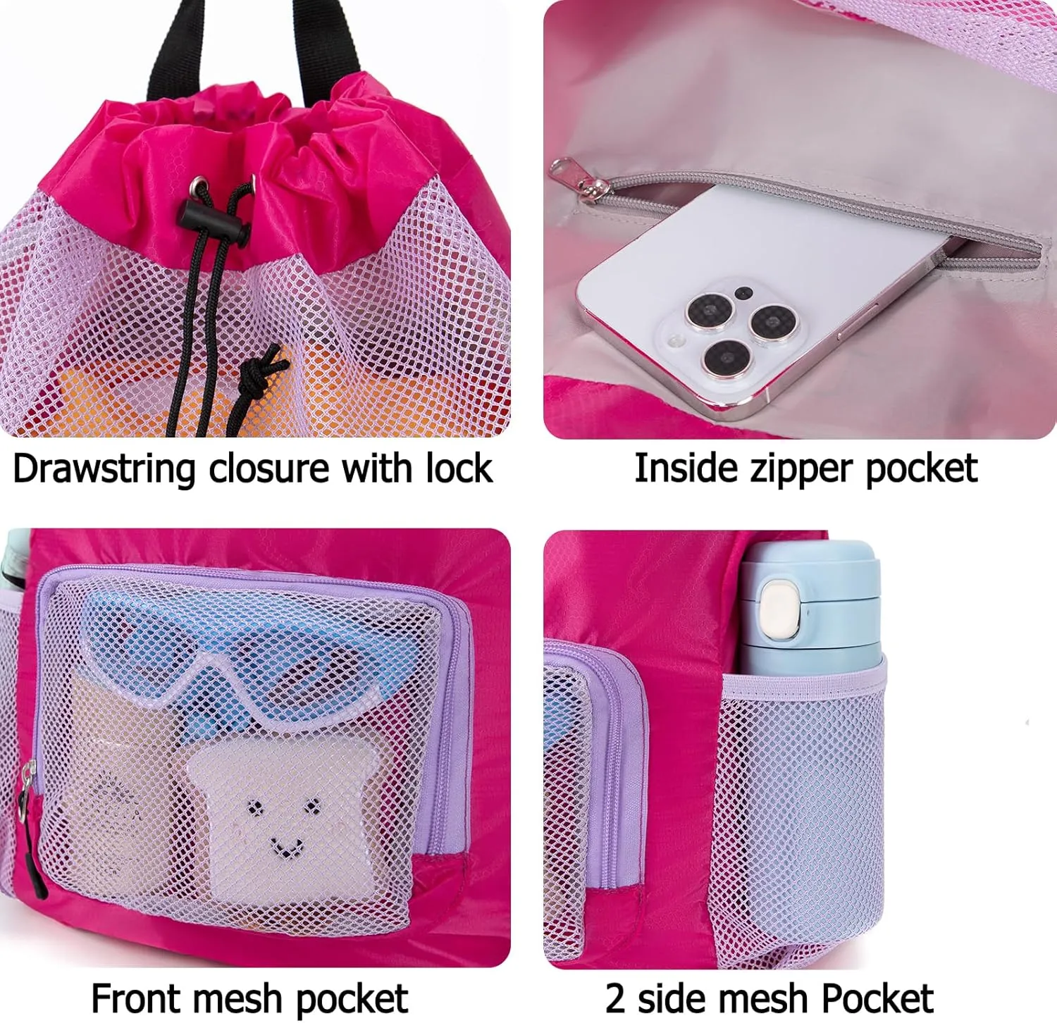Swim Bag for Kids Drawstring Backpack for Girls Lightweight Mesh Beach Backpack Swimming Pool Sports Gym String Bag Purple