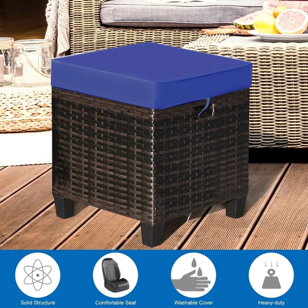 Tangkula 2 Pieces Outdoor Patio Ottoman, All Weather Rattan Wicker Ottoman Seat, Patio Rattan Furniture, Outdoor Footstool Footrest Seat w/Removable Cushions