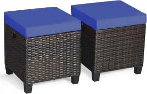 Tangkula 2 Pieces Outdoor Patio Ottoman, All Weather Rattan Wicker Ottoman Seat, Patio Rattan Furniture, Outdoor Footstool Footrest Seat w/Removable Cushions