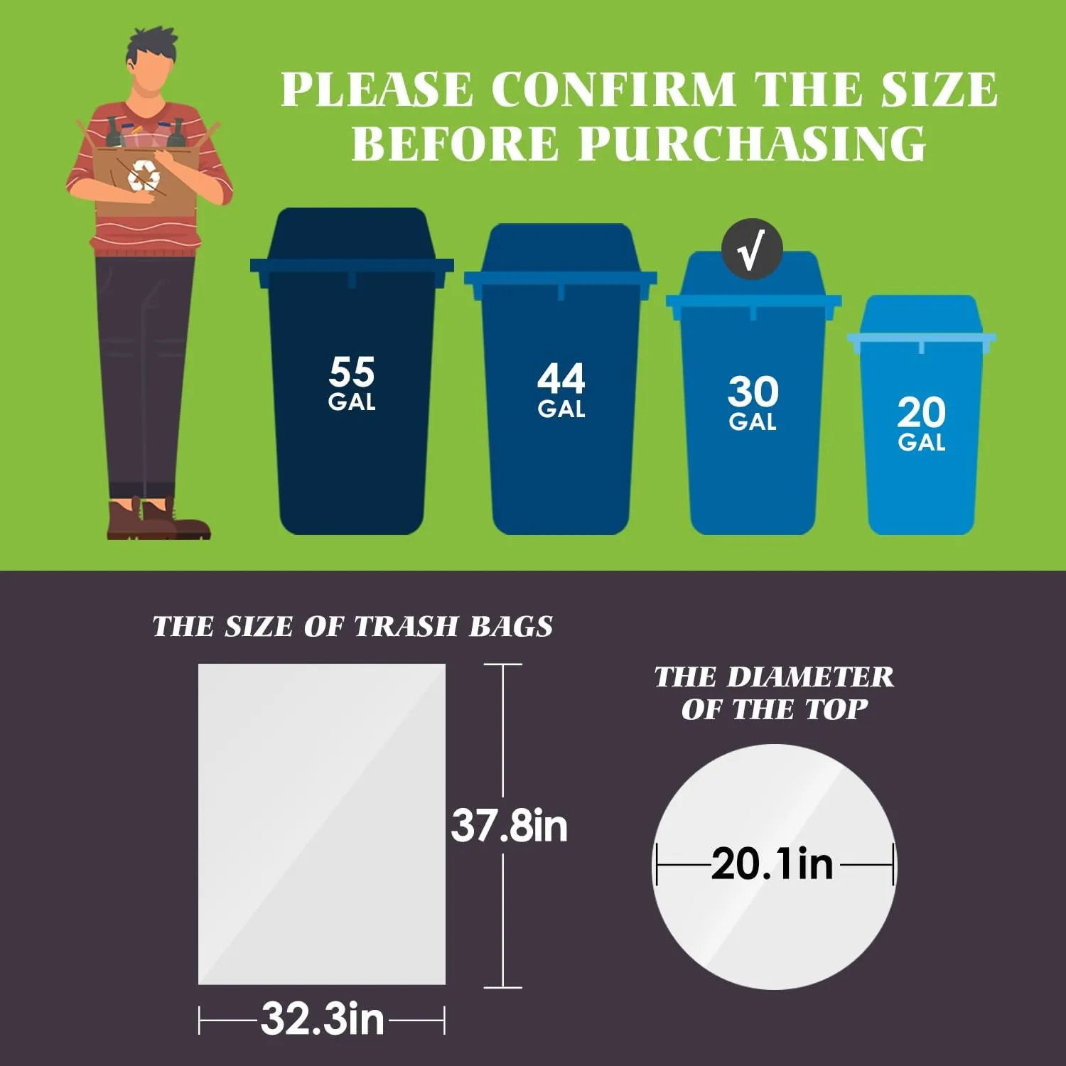 Teivio 30-33 Gallon 260 Counts Large Multipurpose Trash Bags w/Ties Sturdy Garbage Bags,30 Gal 31 Gal 32Gal 33 Gal 35 Gal,Leaf Bags Outdoor Commercial Trash Can Liner for Construction Sites(Clear)