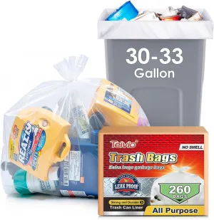 Teivio 30-33 Gallon 260 Counts Large Multipurpose Trash Bags w/Ties Sturdy Garbage Bags,30 Gal 31 Gal 32Gal 33 Gal 35 Gal,Leaf Bags Outdoor Commercial Trash Can Liner for Construction Sites(Clear)