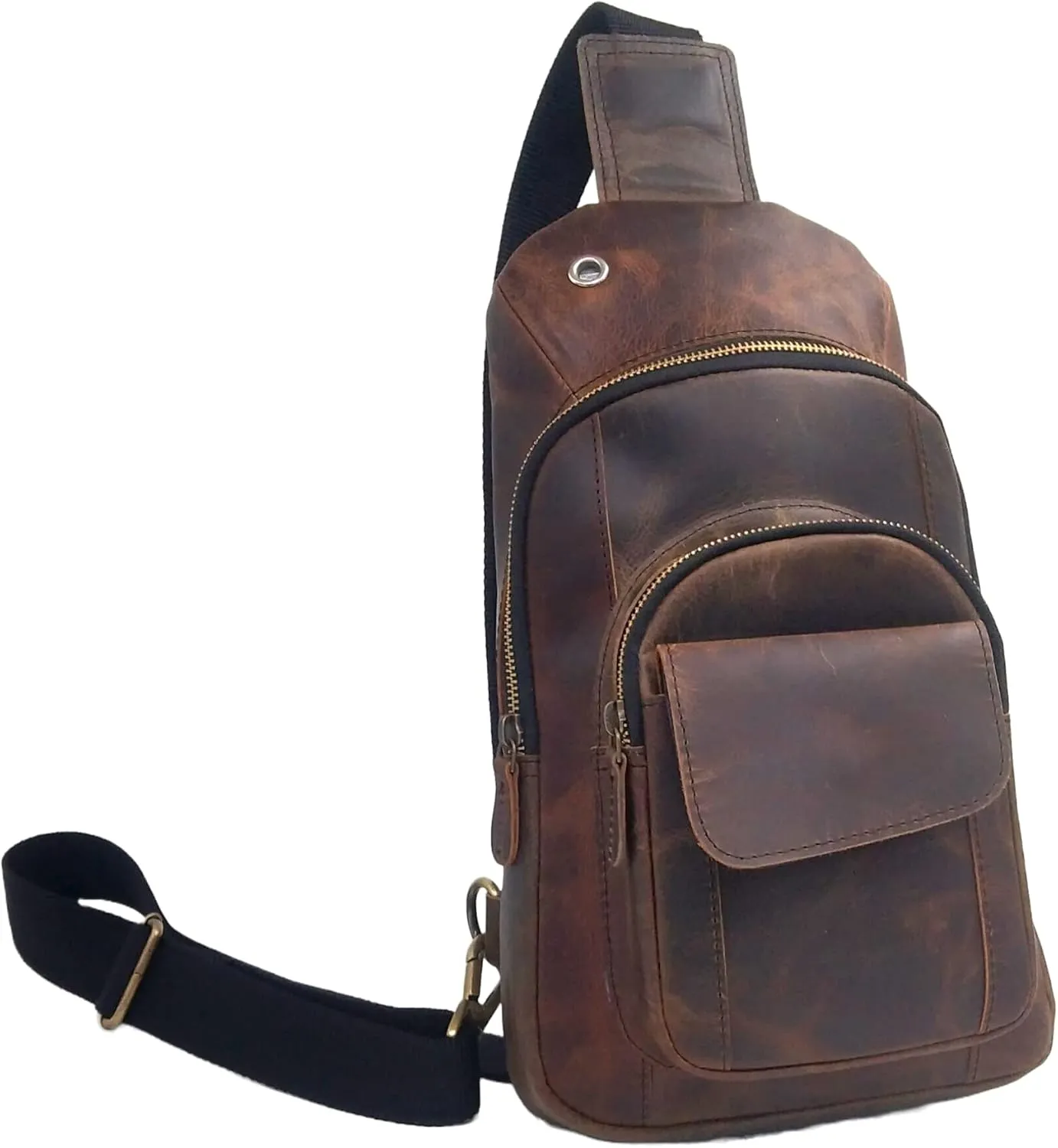 The Tannery Handmade Buffalo Leather Multipurpose Travel Hiking Crossbody Chest Backpack with Adjustable Shoulder Strap (Dark Brown, Large)