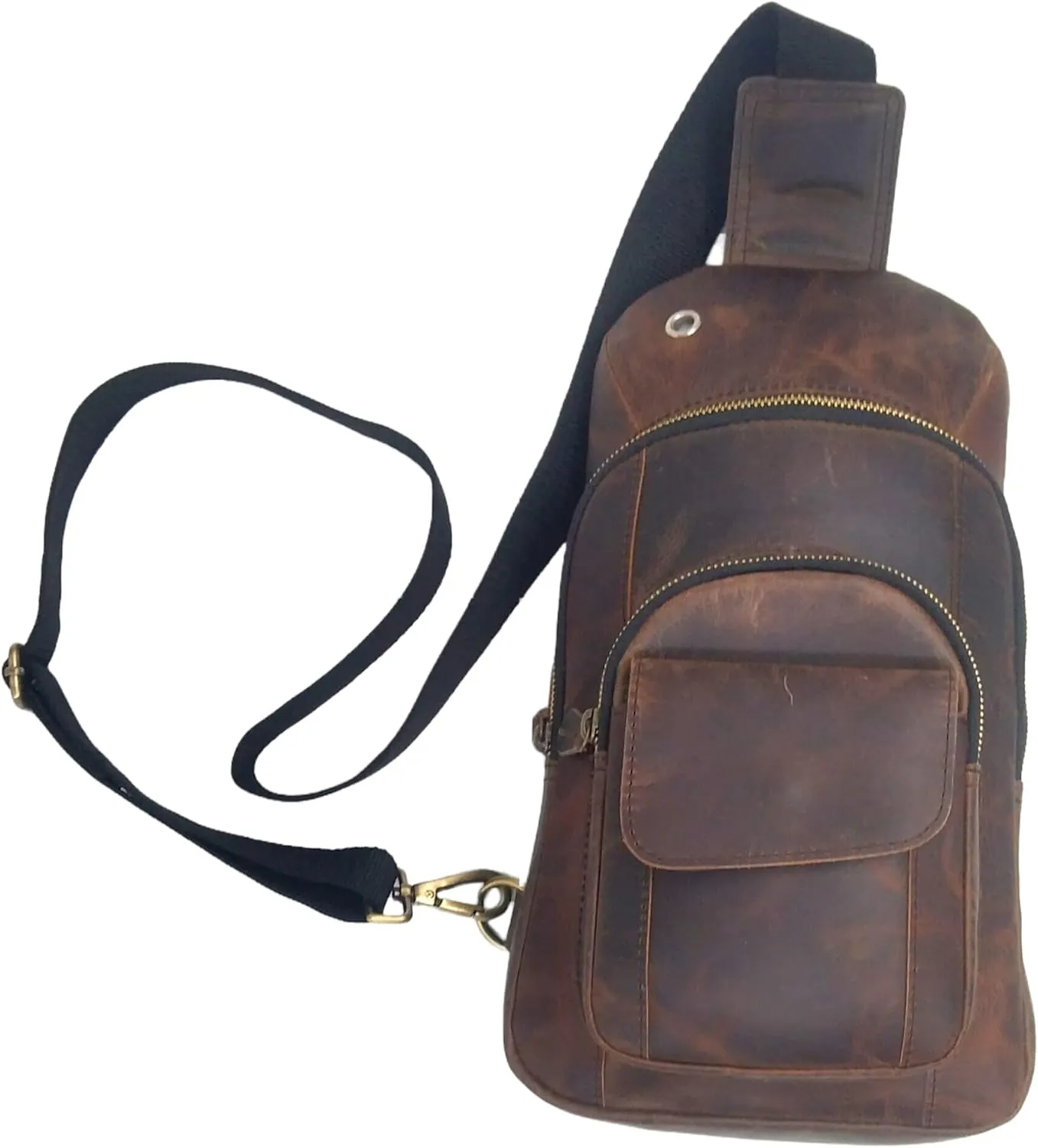 The Tannery Handmade Buffalo Leather Multipurpose Travel Hiking Crossbody Chest Backpack with Adjustable Shoulder Strap (Dark Brown, Large)