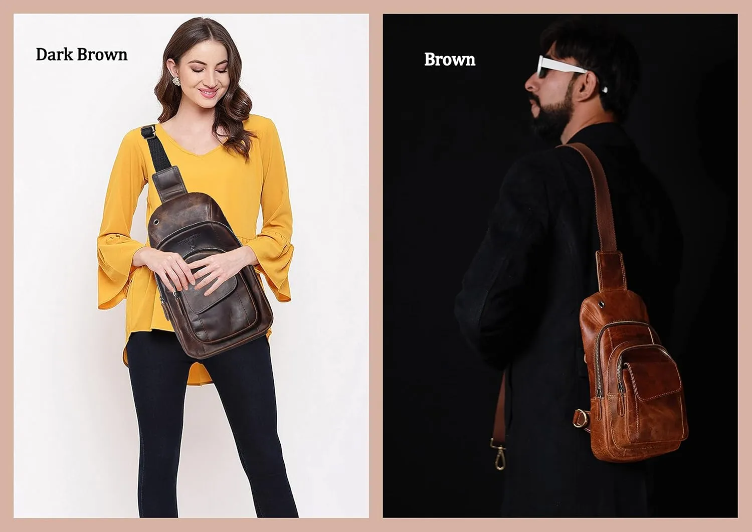 The Tannery Handmade Buffalo Leather Multipurpose Travel Hiking Crossbody Chest Backpack with Adjustable Shoulder Strap (Dark Brown, Large)
