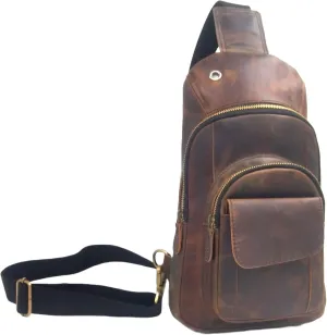 The Tannery Handmade Buffalo Leather Multipurpose Travel Hiking Crossbody Chest Backpack with Adjustable Shoulder Strap (Dark Brown, Small)