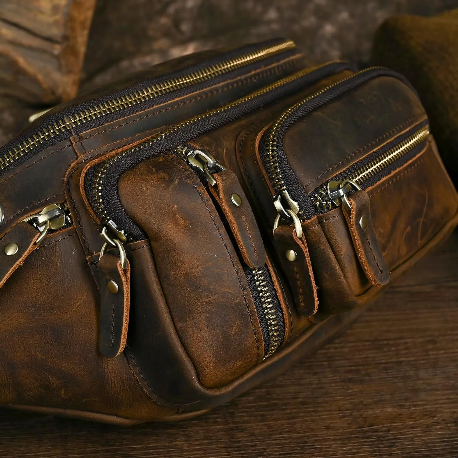 Thick Crazy Horse Leather Hiking Riding Travel Outdoor Belt Fanny Waist Pack Small Phone Pouch For Men Women 380 (379 Brown)